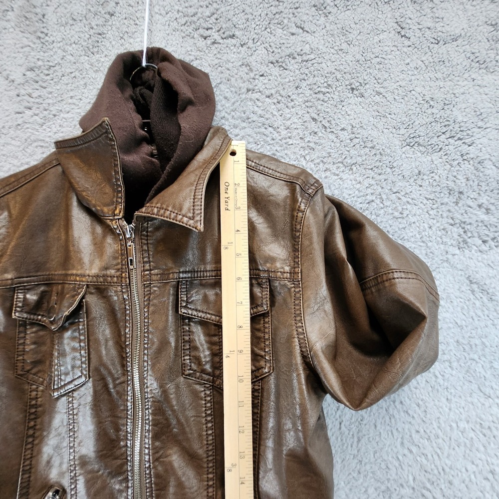 LA Coalition Faux Leather Jacket Women's M Brown Lined Long Sleeve Hood Full Zip - Picture 3 of 14